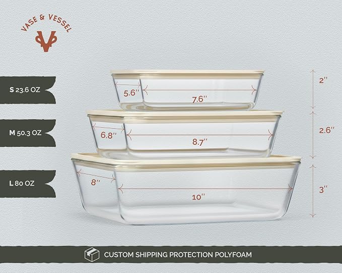 Vase and Vessel Non-Toxic Glass Storage Container Set, Borosilicate Glass, Tempered Glass Lids, Baking Pan, Airtight, Vented, Microwave, Oven & Dishwasher Safe, (Rectangular, Set of 3)