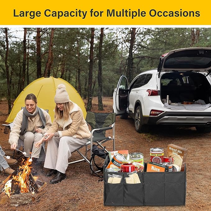 YSSOA Car Trunk Organizer, Collapsible 2 Compartment Non Slip Bottom, Waterproof Car Storage Box, 600D Oxford Polyester Sturdy Accessories for SUV, Mini-Van, 50L, Black