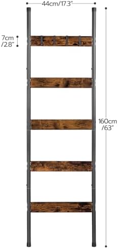HOOBRO Blanket Ladder,Towel Rack with Hooks, Decorative Display Ladder Shelf, for Scarves, Industrial, Living Room, Bedroom, Rustic Brown and Black, BF52CJ01-BF13CJ01