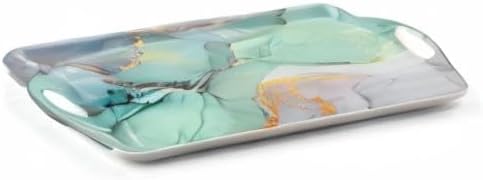 Serving Tray Decorative Tray with Handles Multi-Purpose Rectangular Serving Trays for Restaurant, Parties, Coffee Table, Kitchen - Teal Marble Pattern