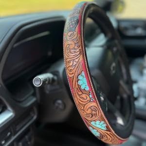 Western Steering Wheel Cover, Color Printed Embossed Hand-Painted Leather Western car Parts, for Women Man, Anti-Slip Design Easy to Install, for Trucks SUVs Cars (Style 1)