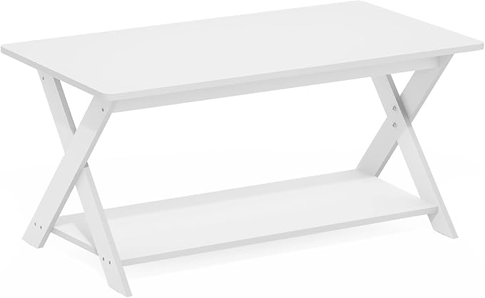 Furinno Modern Simplistic Coffee Table, 2-Tier Rectangle Modern Coffee Table with Open Shelf and X-Legs, Criss-Crossed Side Table, for Living Room, Bedroom, Home Office, White