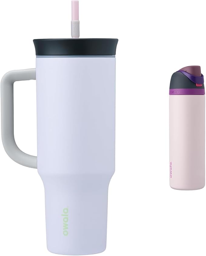 Owala 40oz Insulated Tumbler and 24oz Insulated Water Bottle Bundle with Lids and Straws, Purple and Dreamy Field