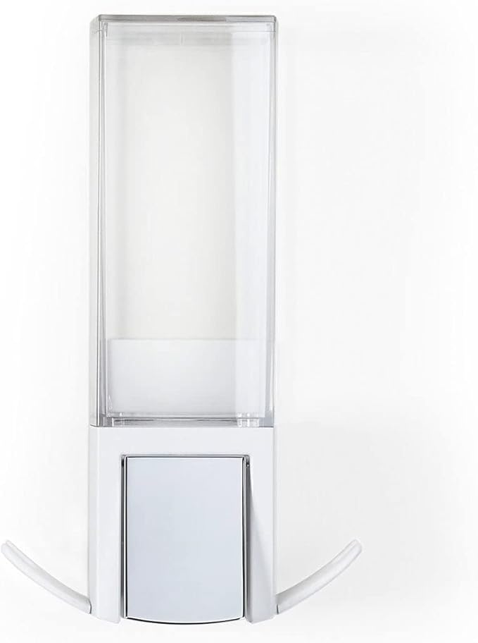 Better Living Clever Soap Dispenser 1 Chamber, Wall Mount Shower Soap Dispenser for Bathroom Hotel Body Wash, Sanitizer Dispenser, Movable Storage Hooks, No Drill, 17 oz, White
