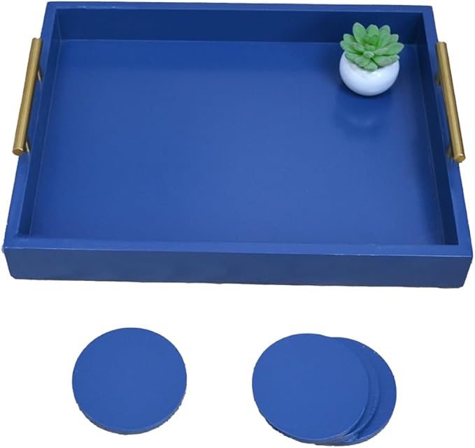 Serving Tray 16.5“X 13“Deluxe Wooden Ottoman Tray for Coffee Table with Polished Goldr Metal Handles and 4 Coasters, Living Room Bathroom Coffee Bar Organizer Modern Decorative Blue