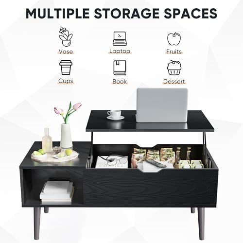 Sweetcrispy Coffee Table Lift Top Coffee Tables for Living Room,Small Rising Wooden Center Tables with Storage Shelf and Hidden Compartment, Black