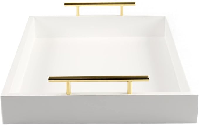 JJSQYLAN Wooden Serving Tray with Handles Rectangle Breakfast Tray for Coffee Table Decorative Ottoman Tray 16”x 12” for All Occasion's (White)