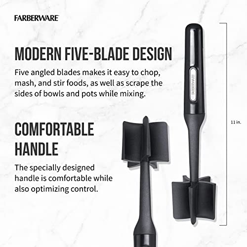 FARBERWARE Nylon Meat and Potato Masher – 5-Blade Ground Meat Chopper, Heat-Resistant to 450°F, Safe for Nonstick Cookware, Ergonomic Handle, 10-Inch, Dishwasher-Safe, Black