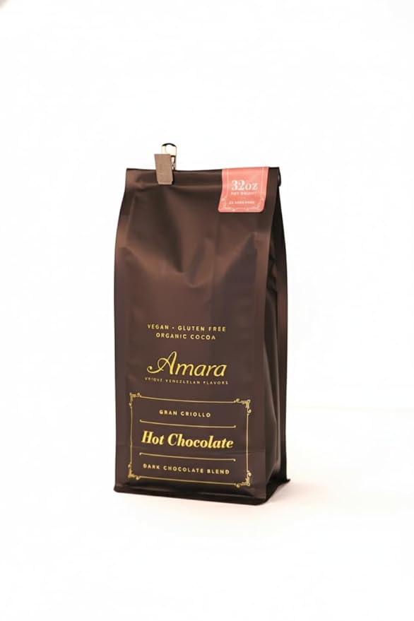 Amara Unique Venezuelan Flavors. Hot Chocolate "Gran Criollo" Dark Chocolate Blend Refill Bag 32 oz. Made with Certified Organic Cacao Powder.