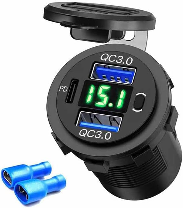 USB Car Charger with Voltage Display Red LED Light Dual QC3.0 for Marine Truck Motorcycle Car etc