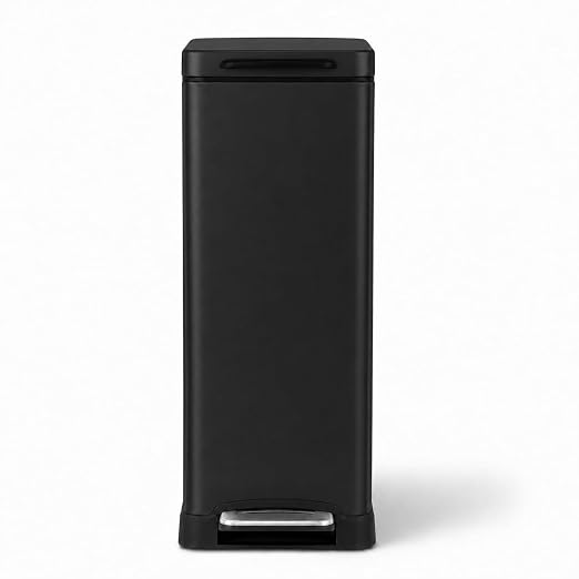 Home Zone Living 12 Gallon Slim Kitchen Trash Can with Soft Close Lid, Step Pedal, Bag Tuck Band, and Removable Liner, Stainless Steel, Black