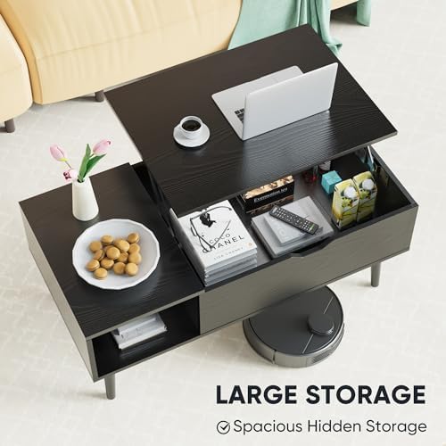 Sweetcrispy Coffee Table Lift Top Coffee Tables for Living Room,Small Rising Wooden Center Tables with Storage Shelf and Hidden Compartment, Black