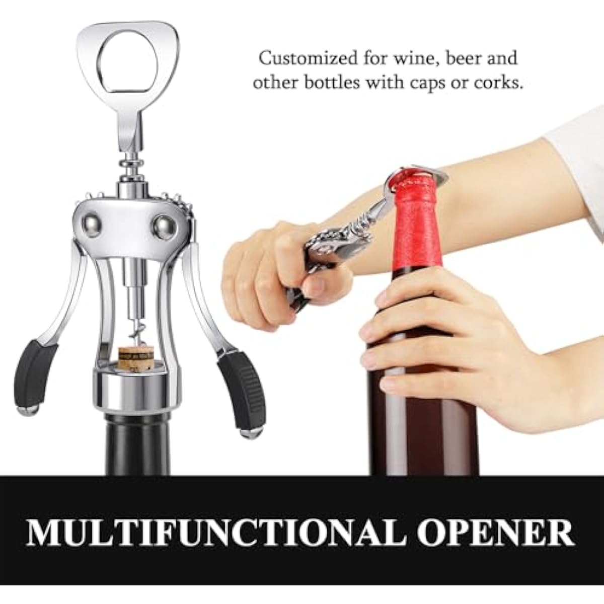 KORCCI Wine Opener, Heavy-Duty Zinc Alloy Wing Corkscrew, Premium Beer Bottle Opener, Multifunctional Wine Accessories with Ergonomic Handle and Sharp Screw, for Kitchen, Bar, Restaurant, Bartenders