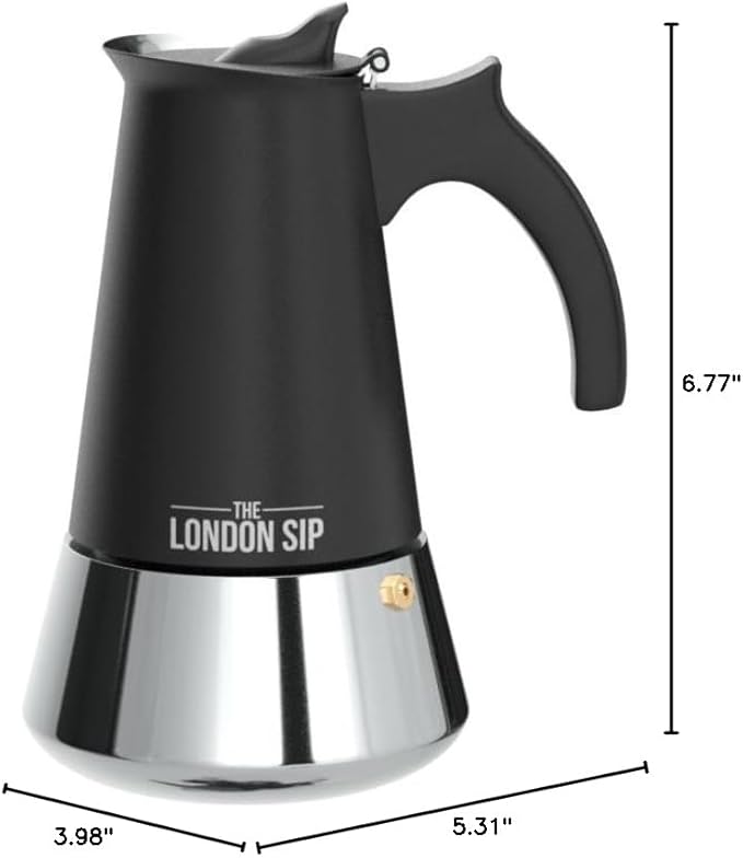 London Sip Stainless Steel Stovetop Espresso Maker Moka Pot Italian Coffee Percolator, Matte Black, 3 Cup