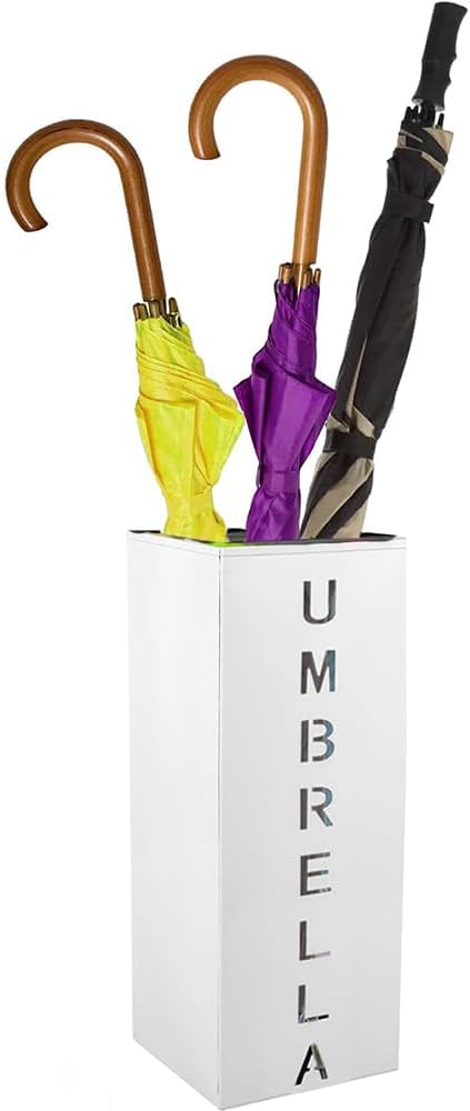 Metal Umbrella Stand Holder, 16.5x6.3x6.3inch Square Free Standing Umbrella Rack Decorative Umbrella Holder Bin Multipurpose Walking Sticks Holder for Umbrella Cane Entryway (White)