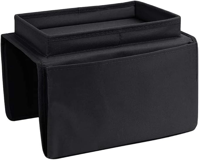 Sofa Armrest Organizer with Cup Holder No-Slip Couch Sofa Armrest Organiser Couch Remote Caddy Control Holder with 1 Large Pockets and 3 Small Pockets for TV Remotes Cellphone Magazines Drinks (Black)
