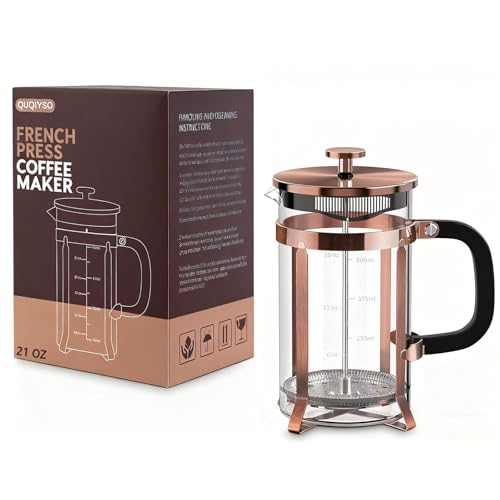 QUQIYSO Coffee Maker 304 Stainless Steel French Press with 4 Filter, Heat Resistant Durable, Easy to Clean, Borosilicate Glass Coffee Press, 100% BPA Free Teapot, 21 ounce, copper