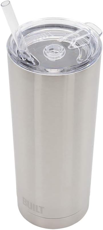 BUILT Double Walled Stainless Steel Tumbler Set with Replacement Lid, 2 Reusable Tritan Wire Straw Cleaning Brush in Gift Box, 20-ounces
