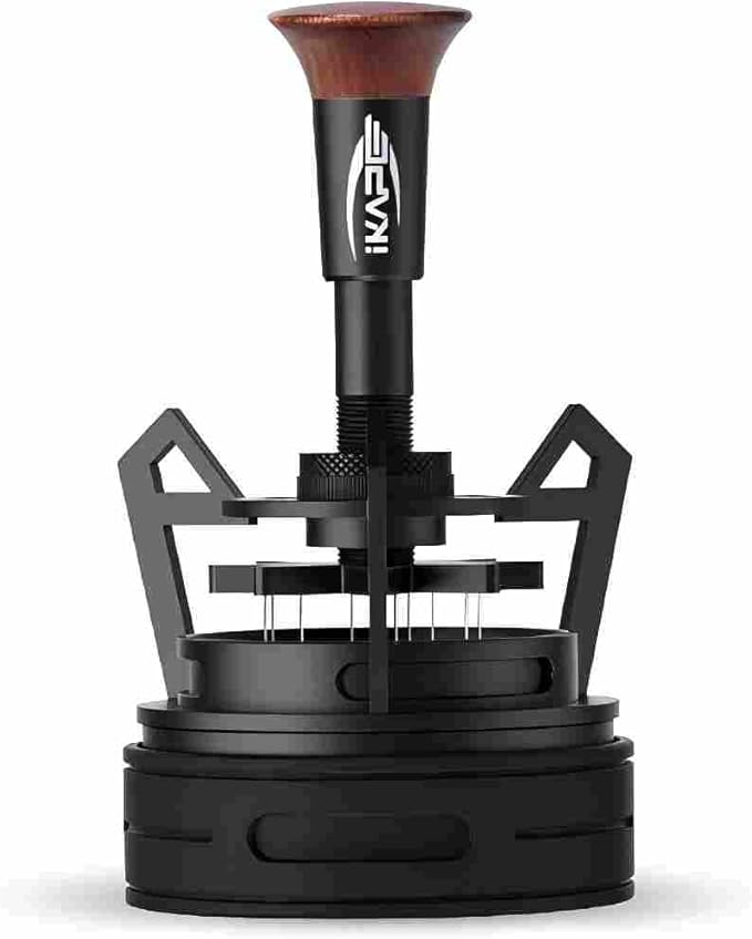 IKAPE 51mm Mantis WDT Distribution Tool, Espresso Distribution Tool for Baristas, Featuring 8-Needle Stirrer, Adjustable Needle Height, with Dosing Funnel and Stand, Walnut Handle