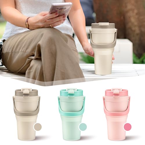 Large Insulated Reusable Travel Mug with Handle, for Hot & Cold Drinks Durabile BPA-Free Plastic, Microwave & Dishwasher Safe, Portable Travel Coffee Tumbler Cup - 100% Leakproof Lid - 32 oz (Beige)