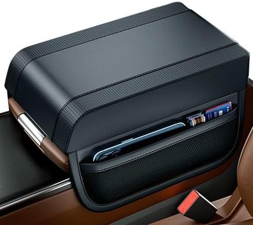 Car Armrest Pad Cover Center Console Lid, Memory Foam Car Armrest Cushion Cover with Storage Organizer, Black Leather, 7x10.6 Inches, Plug-in Installation