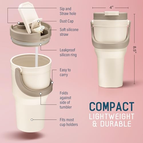 Large Insulated Reusable Travel Mug with Handle, for Hot & Cold Drinks Durabile BPA-Free Plastic, Microwave & Dishwasher Safe, Portable Travel Coffee Tumbler Cup - 100% Leakproof Lid - 32 oz (Beige)