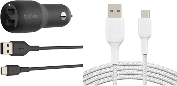Belkin 24 Watt Dual USB Car Charger-2 12W USB A Ports with USB-C Cable for Fast Charging Apple iPhone-USB-C Charger & 3.3ft Braided USB-C Cable, Boost Charge USB-C to USB Cable, USB Type-C Cable
