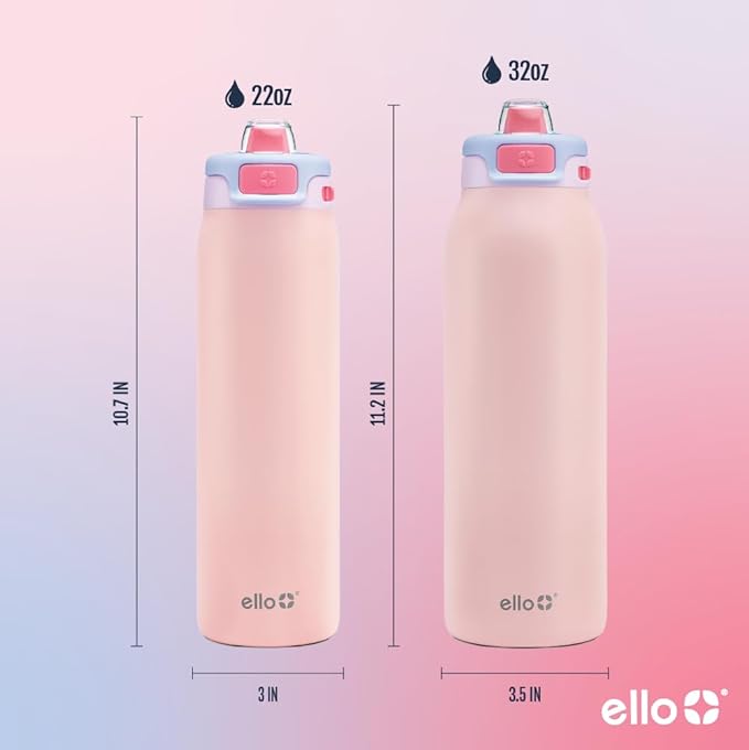 Ello Pop & Fill Insulated Stainless Steel Water Bottle with Quick Fill Lid, Leakproof Locking, Sip or Chug Spout, BPA-Free, Double Wall Vacuum Insulated for Sports, Travel & School- 22oz / 32oz / 40oz