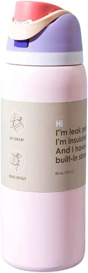 DUTHINGS Insulated Stainless Steel Water Bottle with Straw, 32 oz, Reusable Sports and Travel Bottle for School, Kids, and Outdoors - Leakproof and BPA-Free (LIGTH PINK)