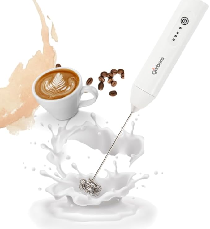 Gerbera Rechargeable Milk Frother Handheld,3 Speed Adjustable Electric Whisk Foam Maker, Handheld Drink Mixer, Frother Wand,Milk Foamer for Protein Powder, Drinks (White)