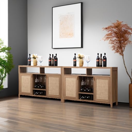 SICOTAS Rattan Coffee Bar Cabinet, 102" Farmhouse Sideboard Buffet Cabinet with Storage, Boho Liquor Wine Cabinet Set of 2 Credenza Console Buffet Table for Home Living Dining Room Entryway, Natural