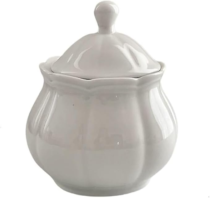 WAIT FLY Vintage Embossed Ceramic Sugar Bowl with Lid, Sugar Container, Sugar Jar for Kitchen Countertop, Coffee Bar-White-Sugar Bowl