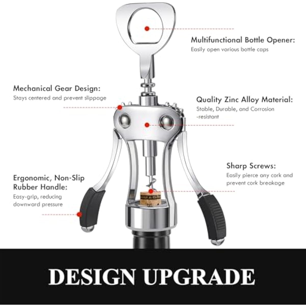 KORCCI Wine Opener, Heavy-Duty Zinc Alloy Wing Corkscrew, Premium Beer Bottle Opener, Multifunctional Wine Accessories with Ergonomic Handle and Sharp Screw, for Kitchen, Bar, Restaurant, Bartenders