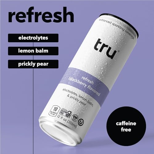 Tru Refresh Seltzer, Sparkling Water with Electrolytes, Prickly Pear, Lemon Balm & Real Blackberry Juice, Sweetened with Monk Fruit & Stevia, Gluten Free, Vegan, Caffeine Free, 12 FL OZ Cans, 12 Pack