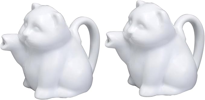 HIC Kitchen Mini Cat Creamer With Handle, Fine Porcelain, 2-Ounce, For Serving Milk, Cream, Syrup, Dressings, And Sauces, Set of 2