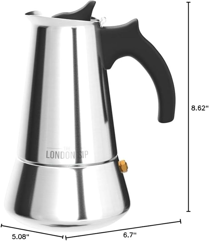 London Sip Stainless Steel Stovetop Espresso Maker Moka Pot Italian Coffee Percolator, Silver, 10 Espresso Cups