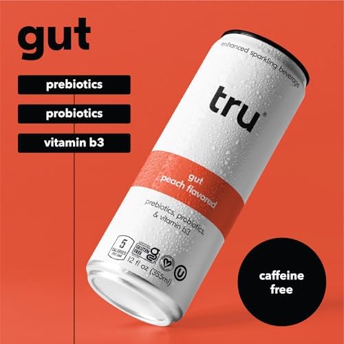 Tru Gut Seltzer, Sparkling Water with Prebiotics, Probiotics & Vitamin B3, Peach Juice & Natural Flavor, Lightly Carbonated, Gluten Free, Vegan, Caffeine Free, Low Calorie, 12 FL OZ Cans, 12 Pack