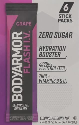 BODYARMOR Flash IV Electrolyte Packets, Grape - Zero Sugar Drink Mix, Single Serve Packs, Coconut Water Powder (6 Count) (Pack of 2)