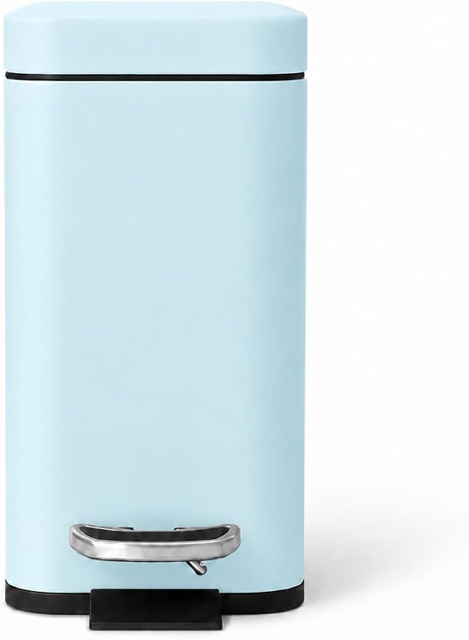 Home Zone Living 1.3 Gallon Small Bathroom Trash Can with Lid and Step Pedal, Stainless Steel Wastebasket with Slim Design for Home and Office, Matte Powder Blue, 5 Liters