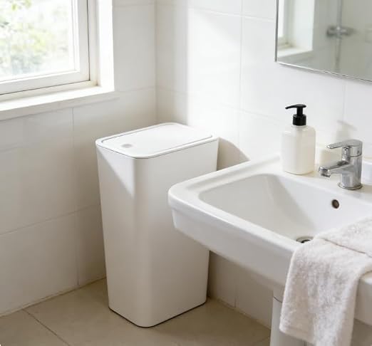 Compact Push-in Trash Can with Lid for Bathrooms, Kitchens, Living Rooms, Offices, Etc., Trash Can with Pop-Up Lid, 10 Liter/2.6 Gallon Slimline (White，2 Pieces)