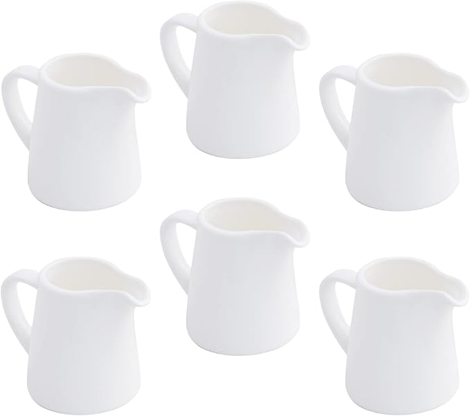 OMAYKEY 4.5 OZ 6-pcs Porcelain Creamer with Handle, Small Ceramic Cream Pitcher Sauce Pitcher Serving for Coffee Tea Milk - White