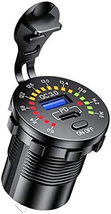 12/24V Socket Dual USB Type C PD 3.0 (36W) + USB A (18W) Fast Charger with Built-in Voltmeter & Power Switch for Car, Boat, Marine & RVs