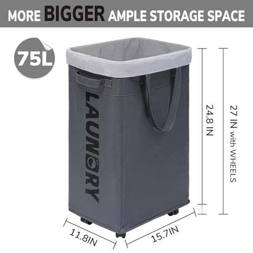 Goodpick Laundry Basket with Wheels, Laundry Hamper with Removable Wash Bag, Clothes Hamper, Rolling Laundry Basket, Dorm Room Essentials, 75L, Grey