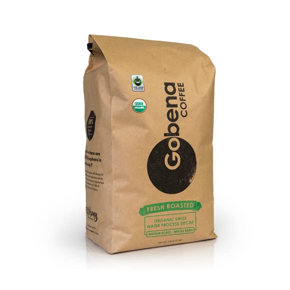 Gobena Coffee 5lb Fair Trade Organic Certified Swiss Water Process Decaf, Whole Bean, 100% Arabica Specialty Coffee, 80 ounces, 5 pounds, Bulk
