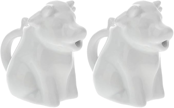 STOBAZA 2 Ceramic Pitchers For Cream Cow Figures Gravy Boat Animal Shape Milk Jug Cup Coffee Syrup Server Sauce Bowl For Salad Tea Milk Pourer, 7X8X4CM, White
