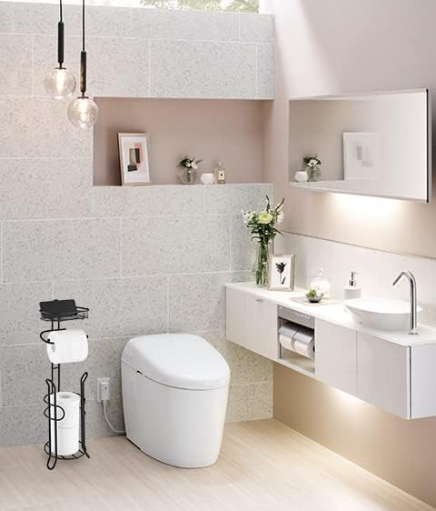 SunnyPoint Bathroom Heavyweight Toilet Tissue Paper Roll Storage Holder Stand with Reserve and Shelve, The Reserve Area Has Enough Space to Store Mega Rolls. (Black)