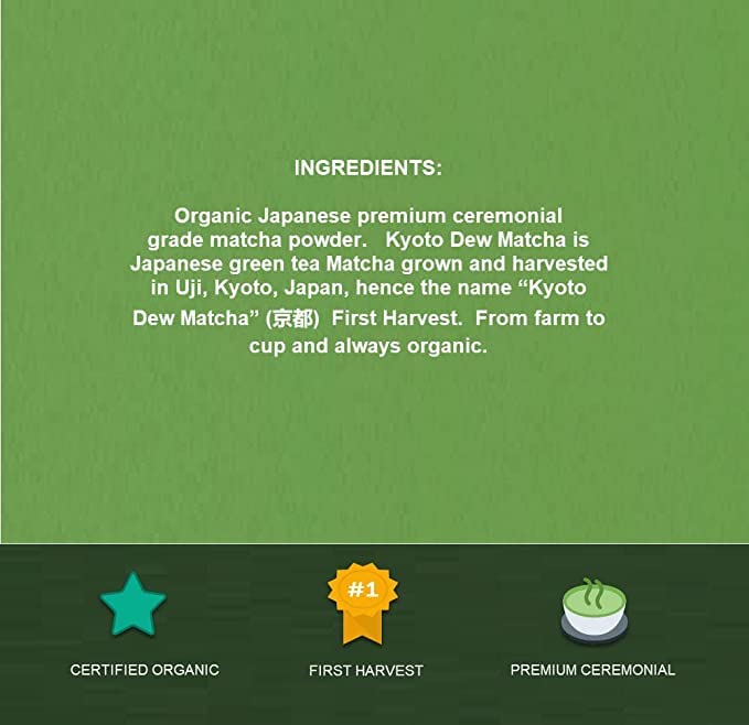 Kyoto Dew Matcha - Ceremonial Blend – Authentic Japanese First Harvest - USDA & JAS Organic Ceremonial Grade Matcha Green Tea Powder from Uji, Kyoto, Bag (3.5oz)