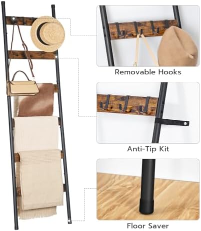HOOBRO Free Standing 2 Tier Towel Rack for Bathroom and 6-Tier Blanket Ladder with Hooks Bundle, Blanket Holder, Drying and Display Rack with Shelf, Rustic Brown and Black BF02LB01-BF66CJ01