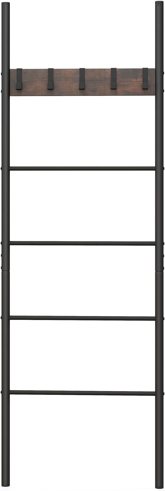 S AFSTAR Wall Leaning Blanket Ladder, 5-Tier Ladder Shelf with 5 Removable Hooks, Industrial Blanket Holder Rack, Drying and Display Rack for Bathroom, Living Room, Entrance, Rustic Brown