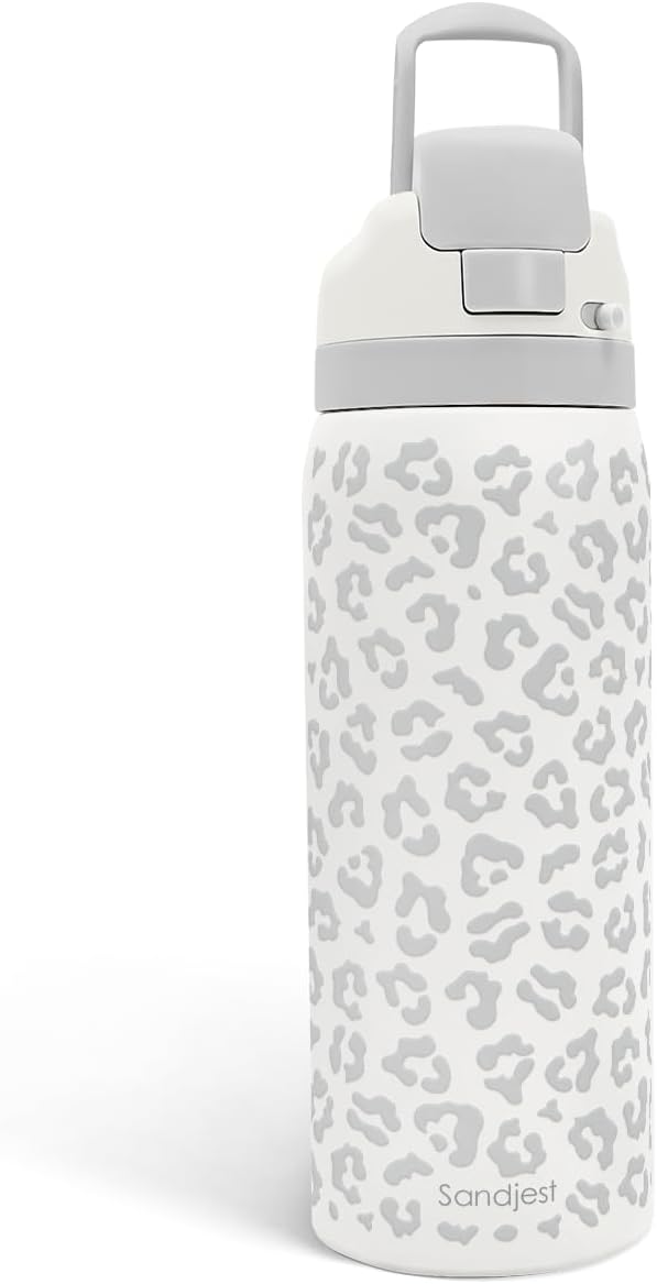 Leopard Print Insulated Stainless Steel Water Bottle with Straw for Sports and Travel, 32oz, Gifts for Women Girls Friends Teens Birthday Christmas (Grey)